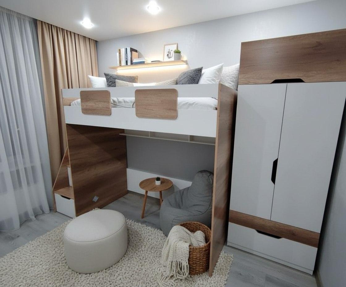 Комплект мебели: шкаф Лайт Лофт + кровать-чердак коллекции Мозаика