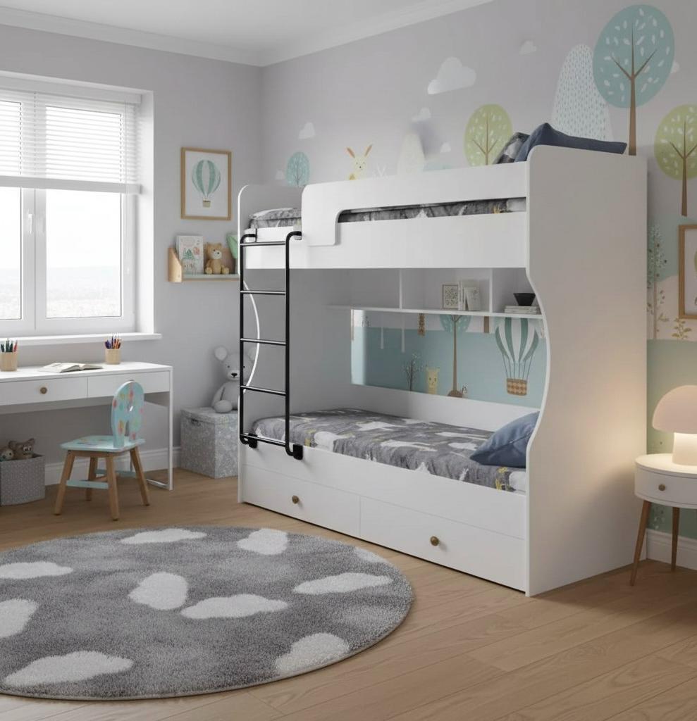 Кровать 2-х ярусная Омега (цвет белый + лестница черная) 190х80