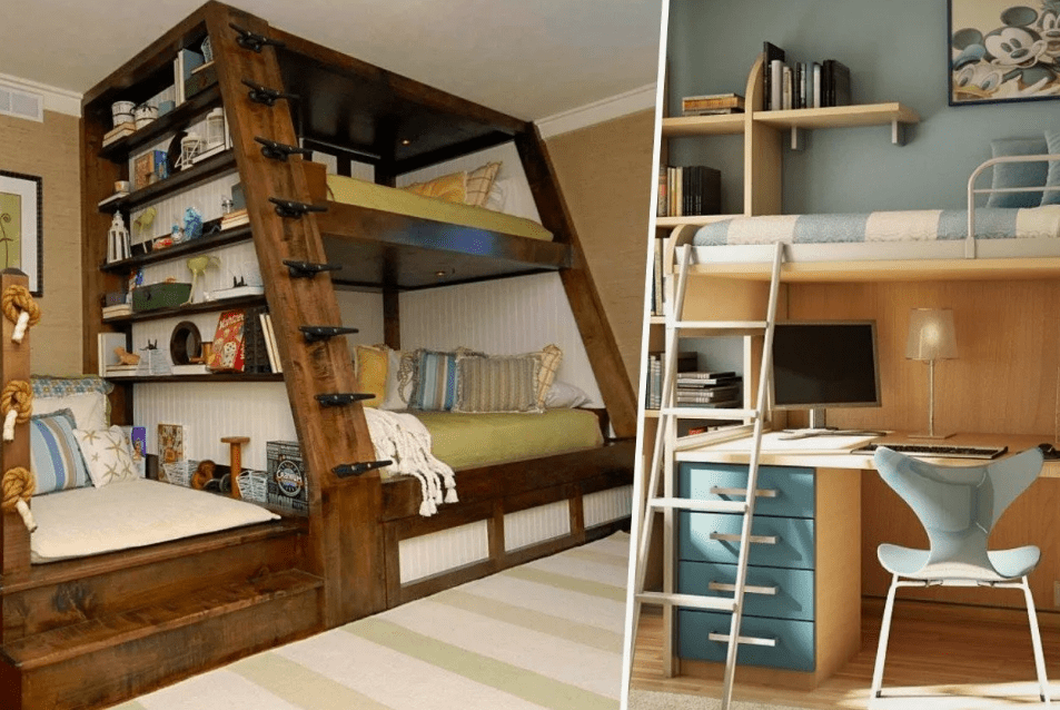 классическая кровать с двумя этажами в модификации, где нижний ярус располагается не вровень с верхним, а в слегка выдвинутом положении классическая кровать с двумя этажами в модификации, где нижний ярус располагается не вровень с верхним, а в слегка выдвинутом положении