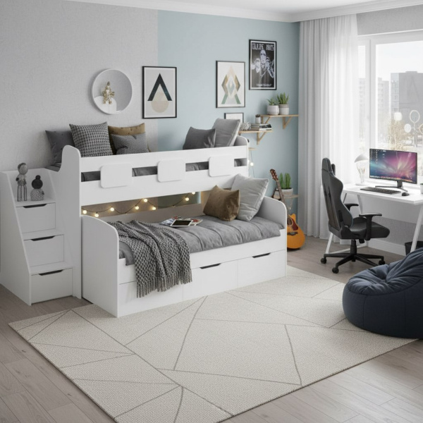 Кровать 2-х ярусная Городок 190х90 (дуб сонома+белый) от Династия Kids