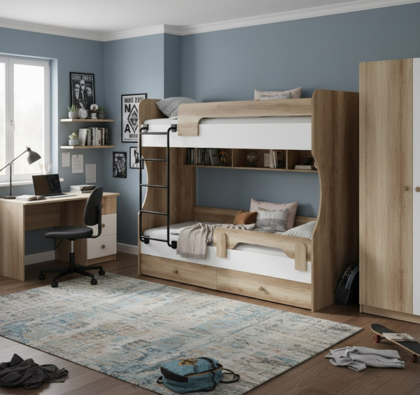 Кровать двухъярусная Омега (дуб каньон + белый) 190х80