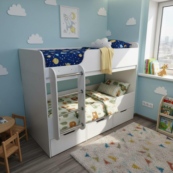 Двухъярусная кровать Малыши Двойняшки 180х80 (велюр + белый) от Династия Kids