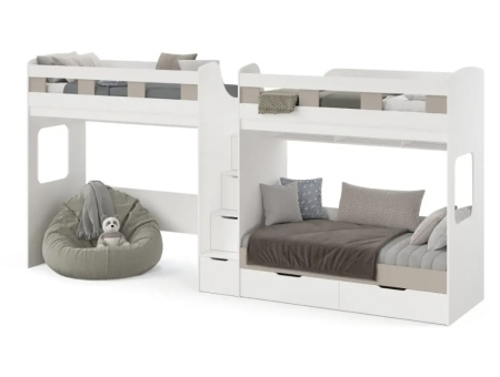 Кровать 3-х ярусная Квартет (корпус белый + фасады велюр)