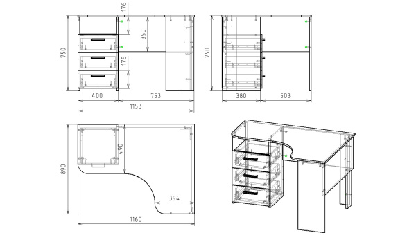 Стол угловой Престиж с 3 ящиками (цвет белый) от Династия Kids