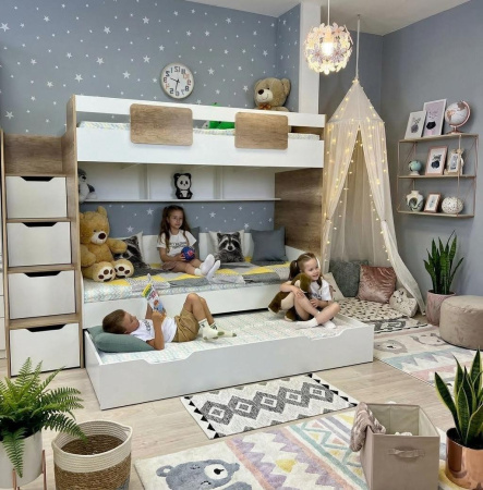 Кровать-чердак Мозаика + кровать Двушка (вяз швейцарский) 190х90 от Династия Kids