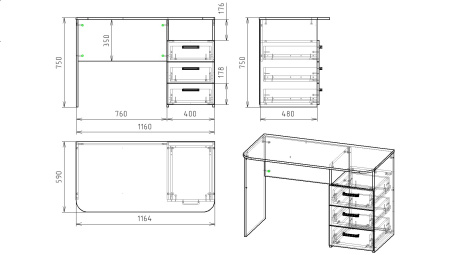 Стол Гранд с 3 ящиками (ширина 1164 мм) от Династия Kids