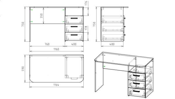 Стол Престиж с 3 ящиками  от Династия Kids