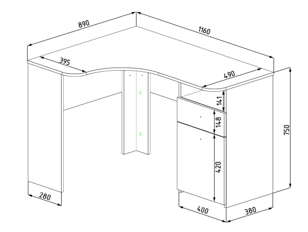 Стол угловой Умка NEW (1160 мм). Ручки - дуб от Династия Kids