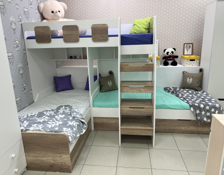 Трехъярусная кровать Династия 190х90 (дуб сонома+белый) 