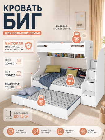 Кровать БИГ 120х200 (дуб сонома + белый) от Династия Kids
