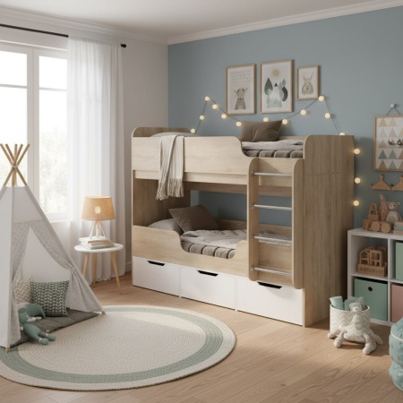 Кровать 2-х ярусная Малыши Двойняшки 180х80 (дуб золотистый + белый) от Династия Kids