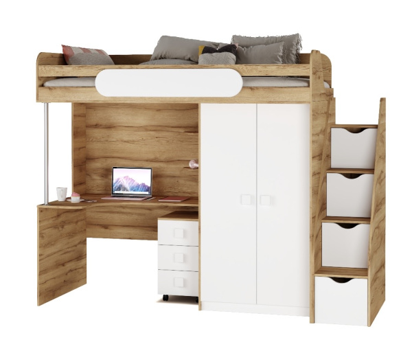 Кровать-чердак Колледж-2 (дуб золотистый + белый) 200х90