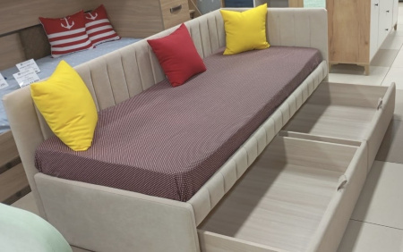 Кровать Слайт полоса угловая 190х80 (левая/правая). Велюр Teddy 304 (бежевый) от Династия Kids