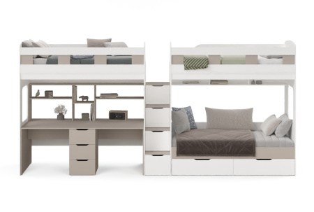 Кровать 3-х ярусная Квартет со столом для 2 детей (велюр + белый)