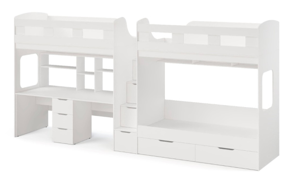 Кровать 3-х местная Квартет со столом для 2 детей (цвет белый)