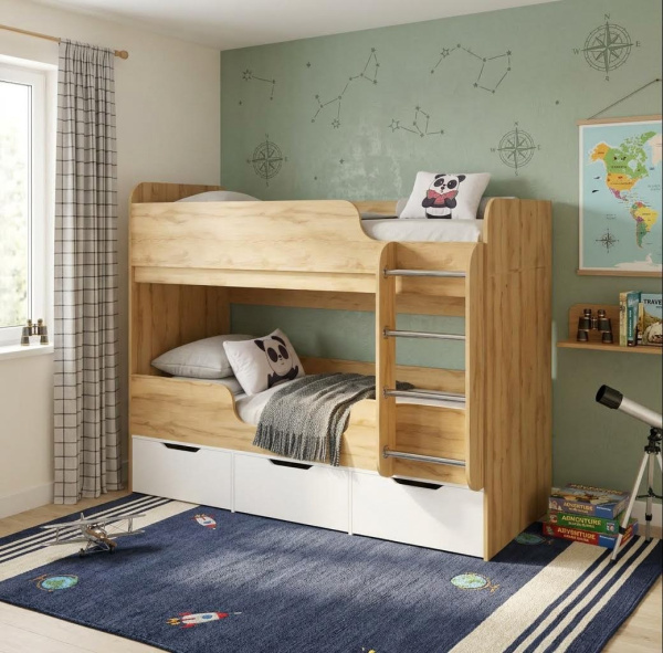 Кровать 2-х ярусная Малыши Двойняшки 180х80 (дуб золотистый + белый)