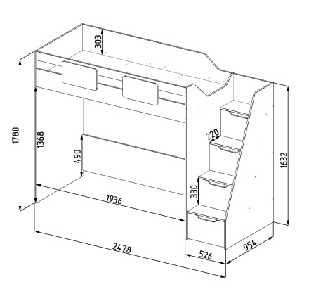 Кровать-чердак Мозаика-2 + кровать Двушка (цвет белый) 190х90 от Династия Kids