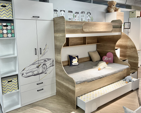 Кровать БИГ 120х200 с доп.спальным местом (дуб сонома + белый) от Династия Kids